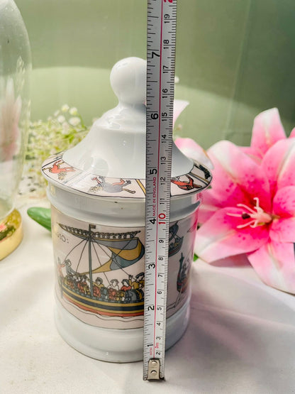 Limoges France Bayeux Tapestry Lidded Jar Approx. 17 cm