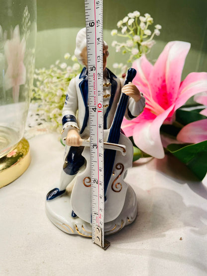 Vintage Blue & White Ceramic Cellist Figurine 15 cm