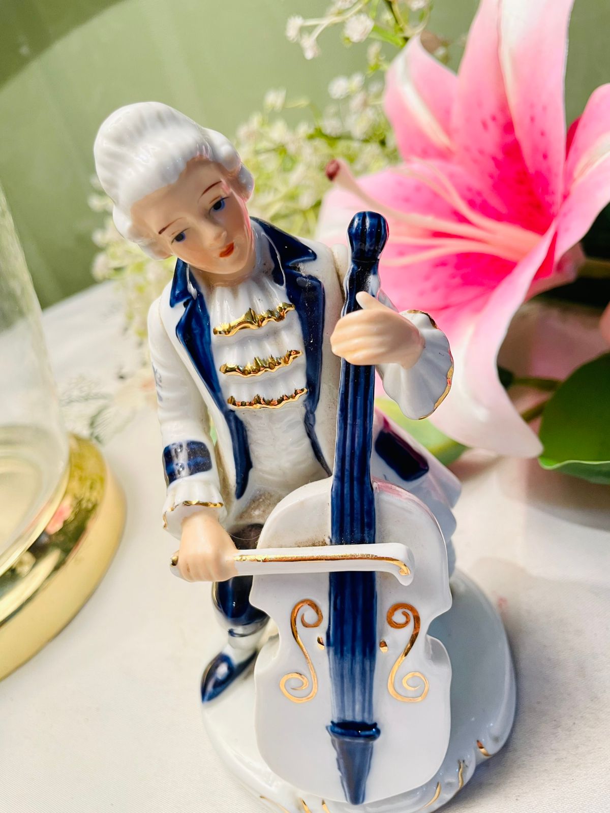 Vintage Blue & White Ceramic Cellist Figurine 15 cm