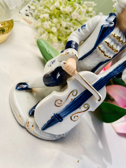 Vintage Blue & White Ceramic Cellist Figurine 15 cm