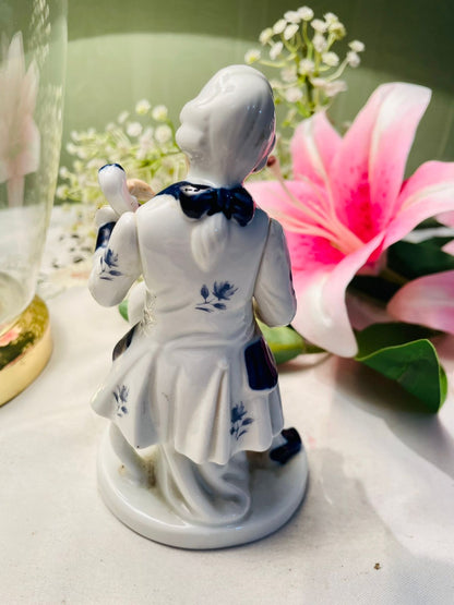 Vintage Blue & White Ceramic Cellist Figurine 15 cm