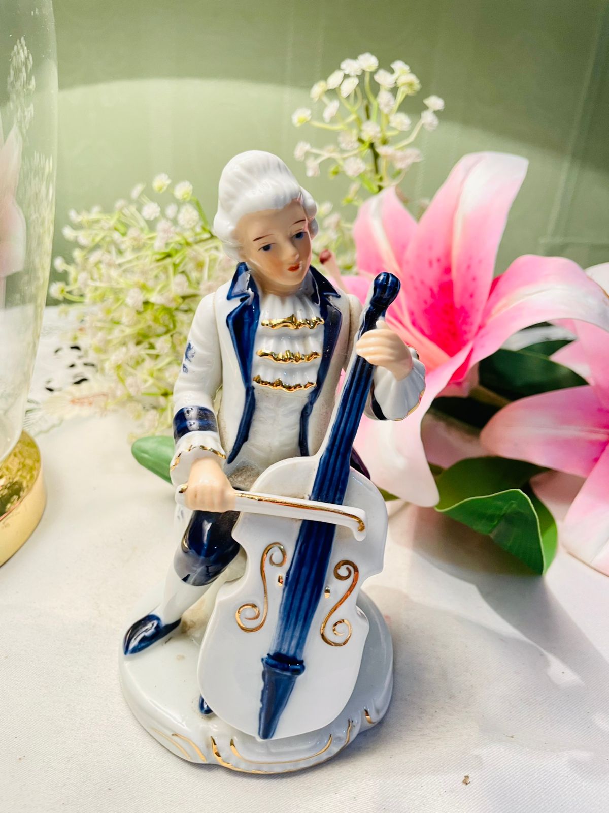 Vintage Blue & White Ceramic Cellist Figurine 15 cm