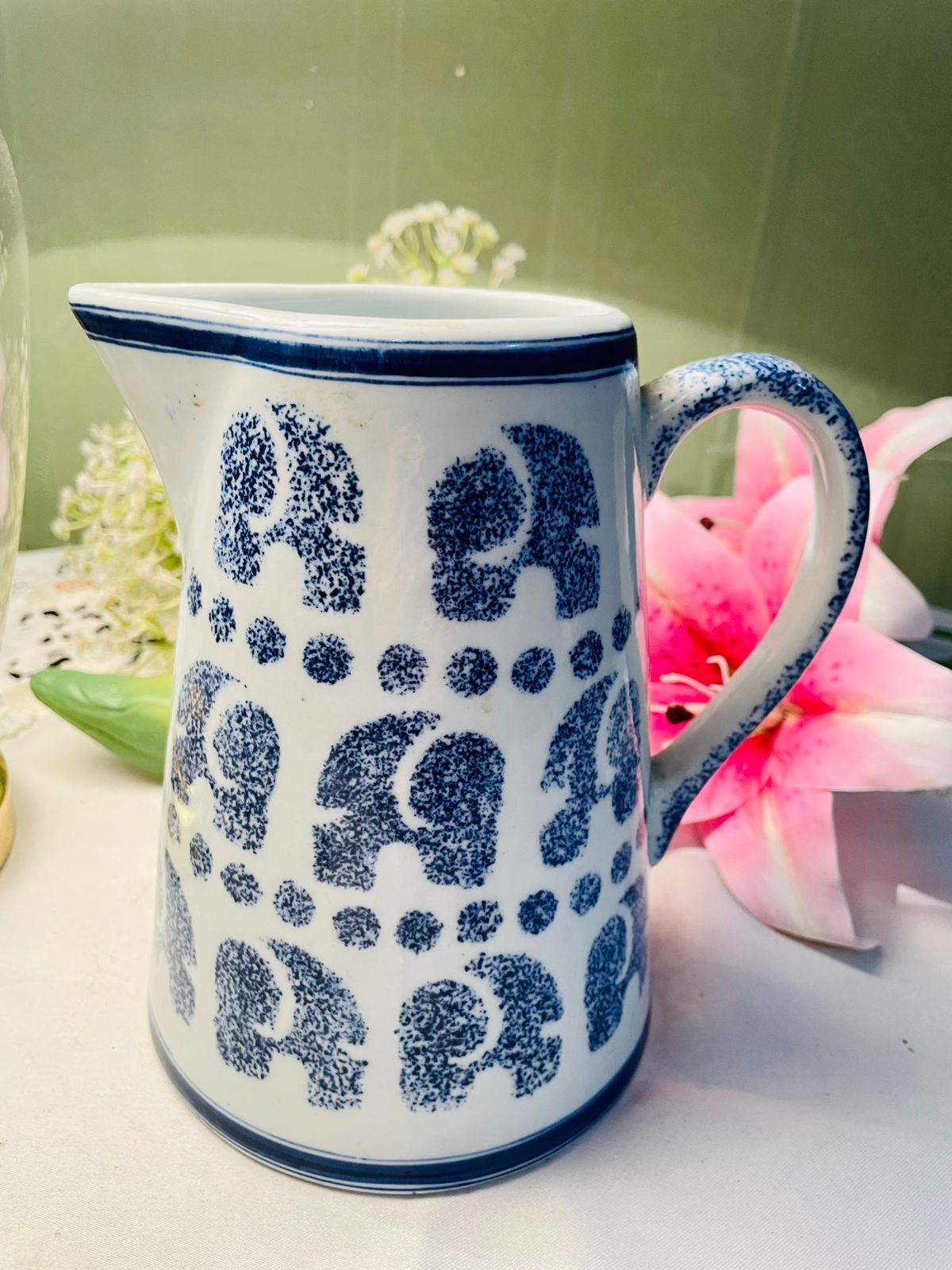 Vintage Blue & White Elephant Ceramic Jug Approx. 17 cm