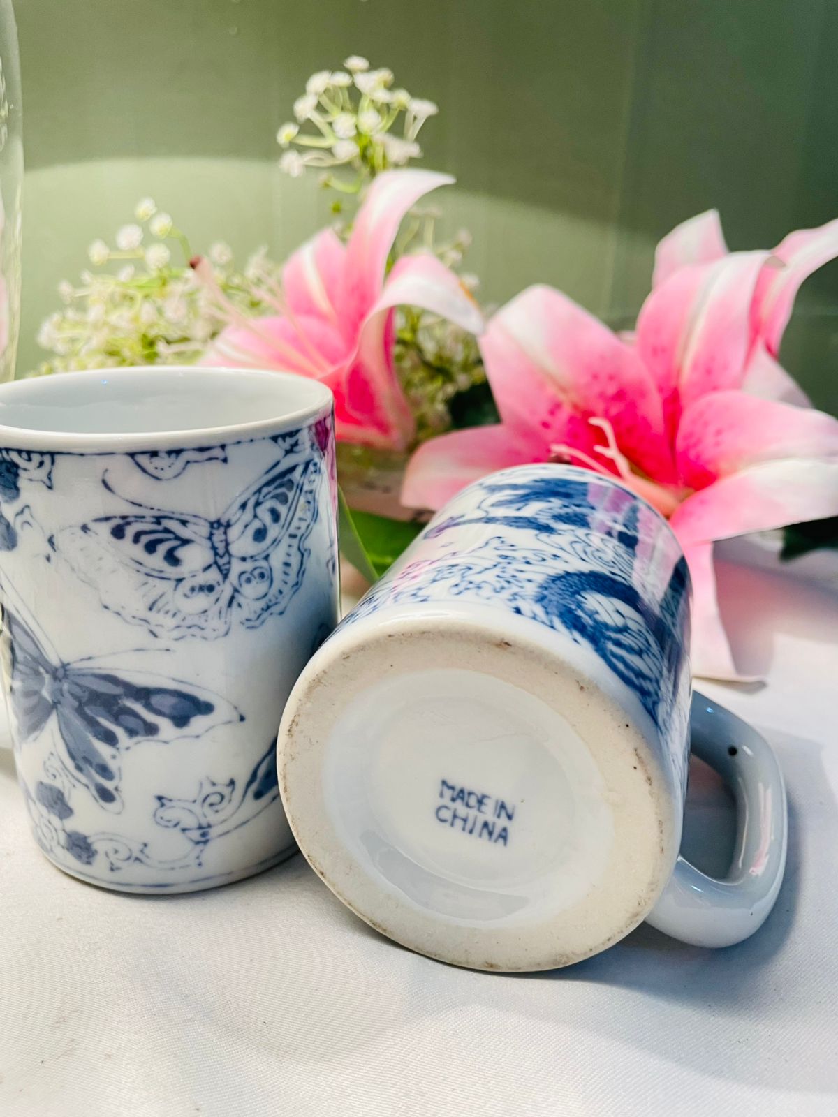 Blue & White Butterfly & Dragon Ceramic Mugs 2-Piece Set