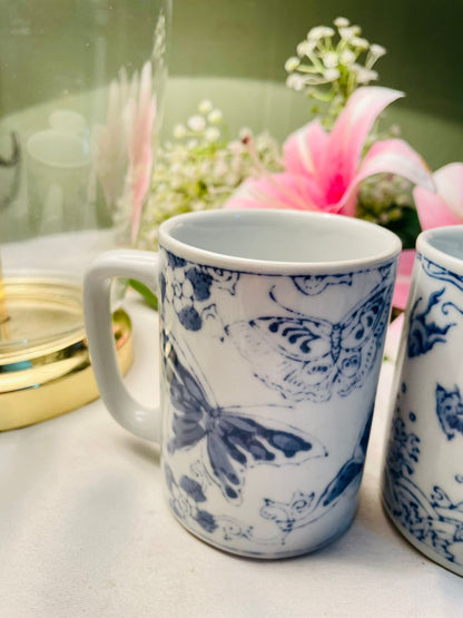 Blue & White Butterfly & Dragon Ceramic Mugs 2-Piece Set