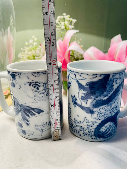 Blue & White Butterfly & Dragon Ceramic Mugs 2-Piece Set