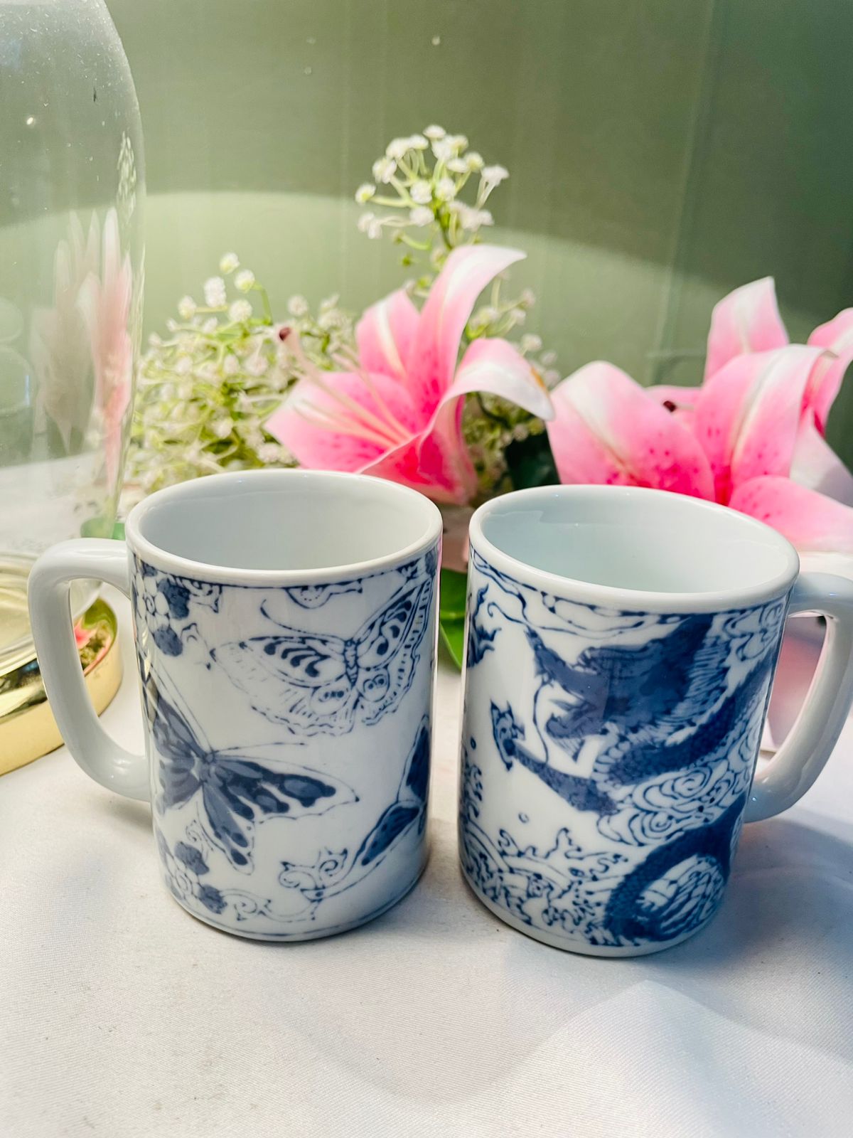 Blue & White Butterfly & Dragon Ceramic Mugs 2-Piece Set