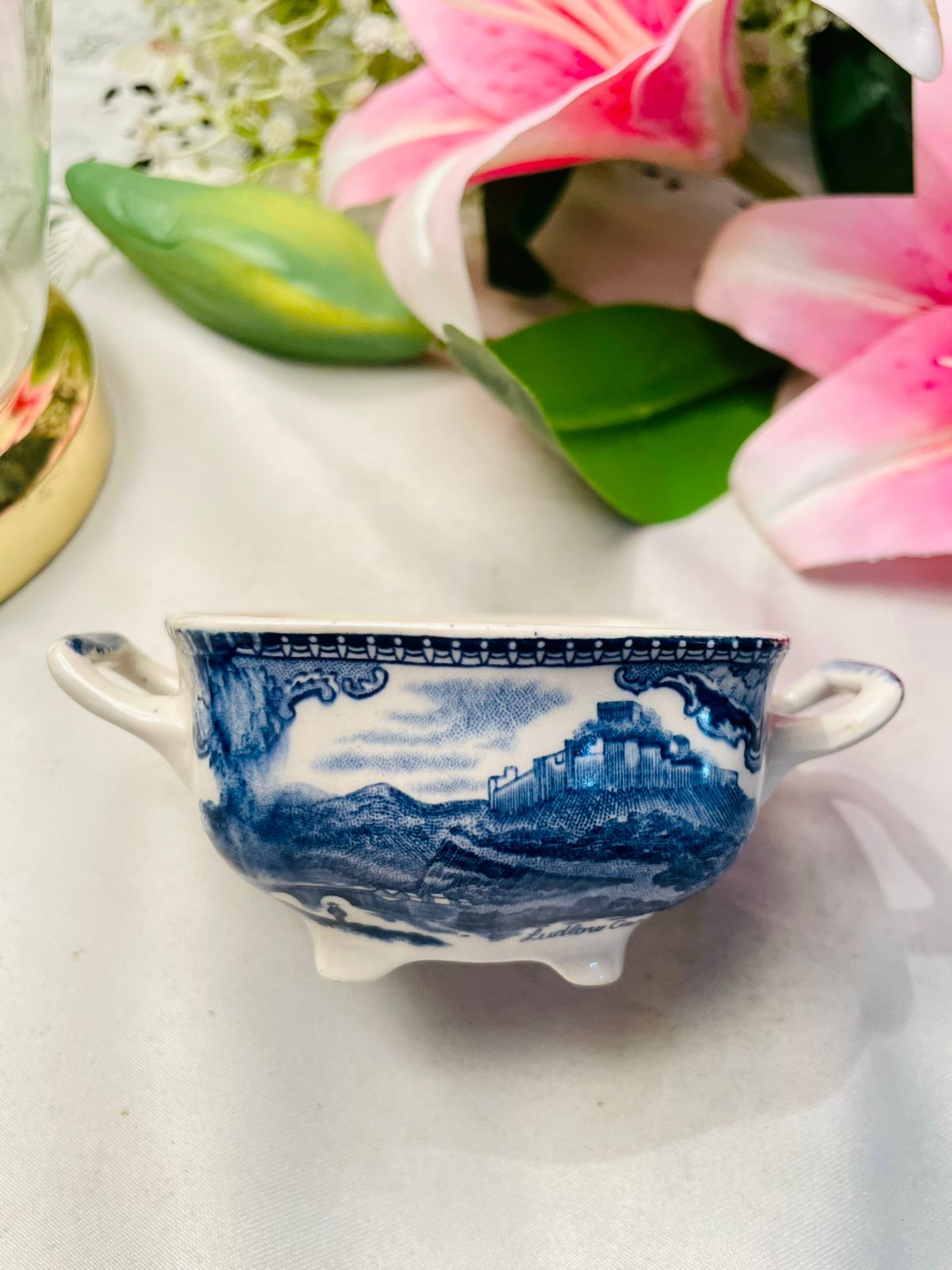 Vintage Blue & White Scenic Two-Handled Serving Bowl 13 cm