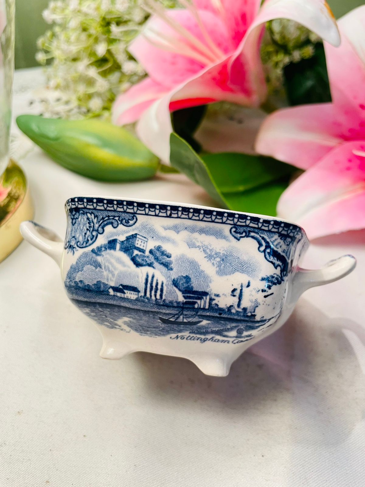 Vintage Blue & White Scenic Two-Handled Serving Bowl 13 cm