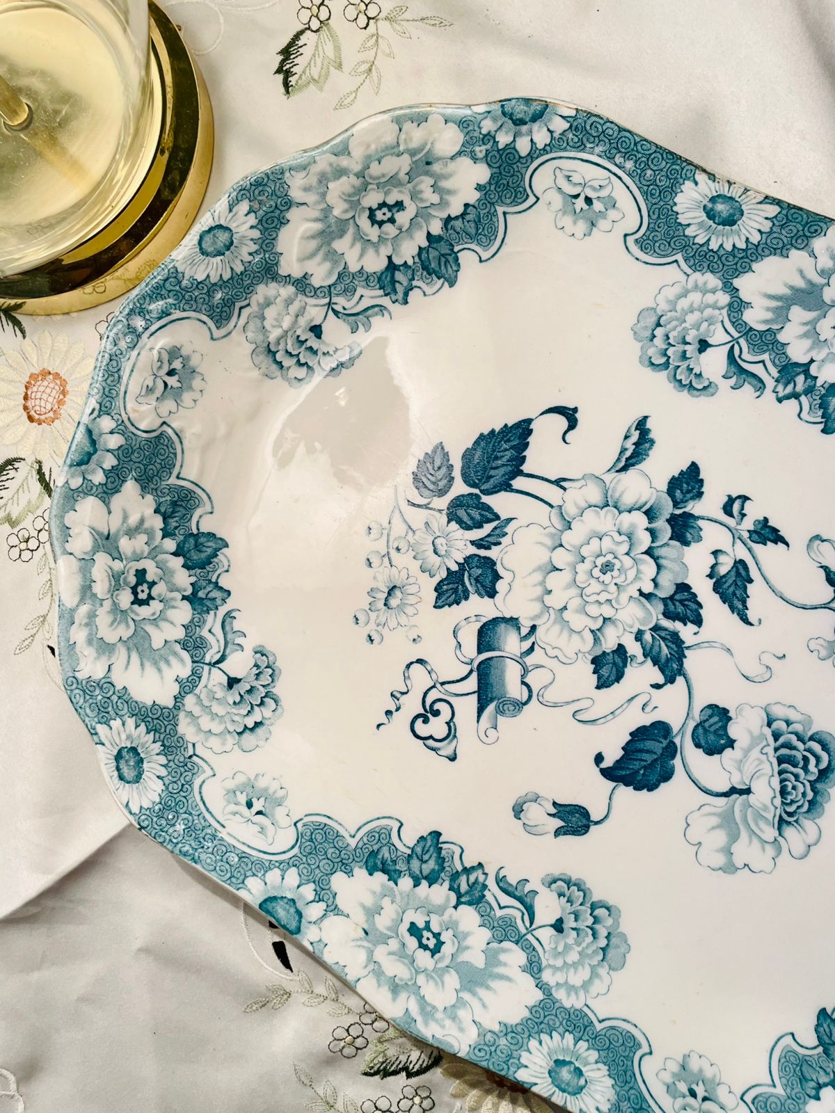 Vintage Blue Floral Ceramic Serving Platter Approx. 41 cm
