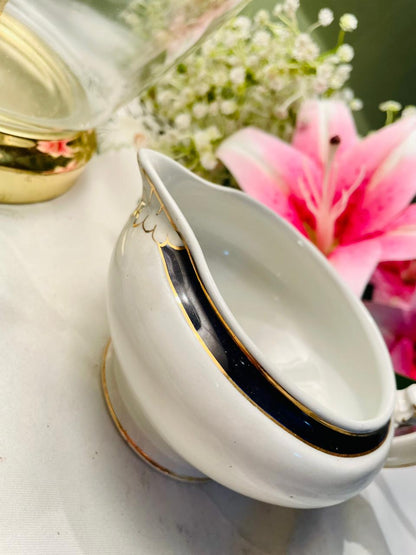Vintage White Gravy boat with Navy & Gold Trim