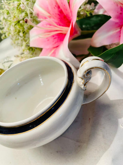 Vintage White Gravy boat with Navy & Gold Trim