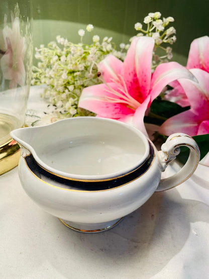 Vintage White Gravy boat with Navy & Gold Trim
