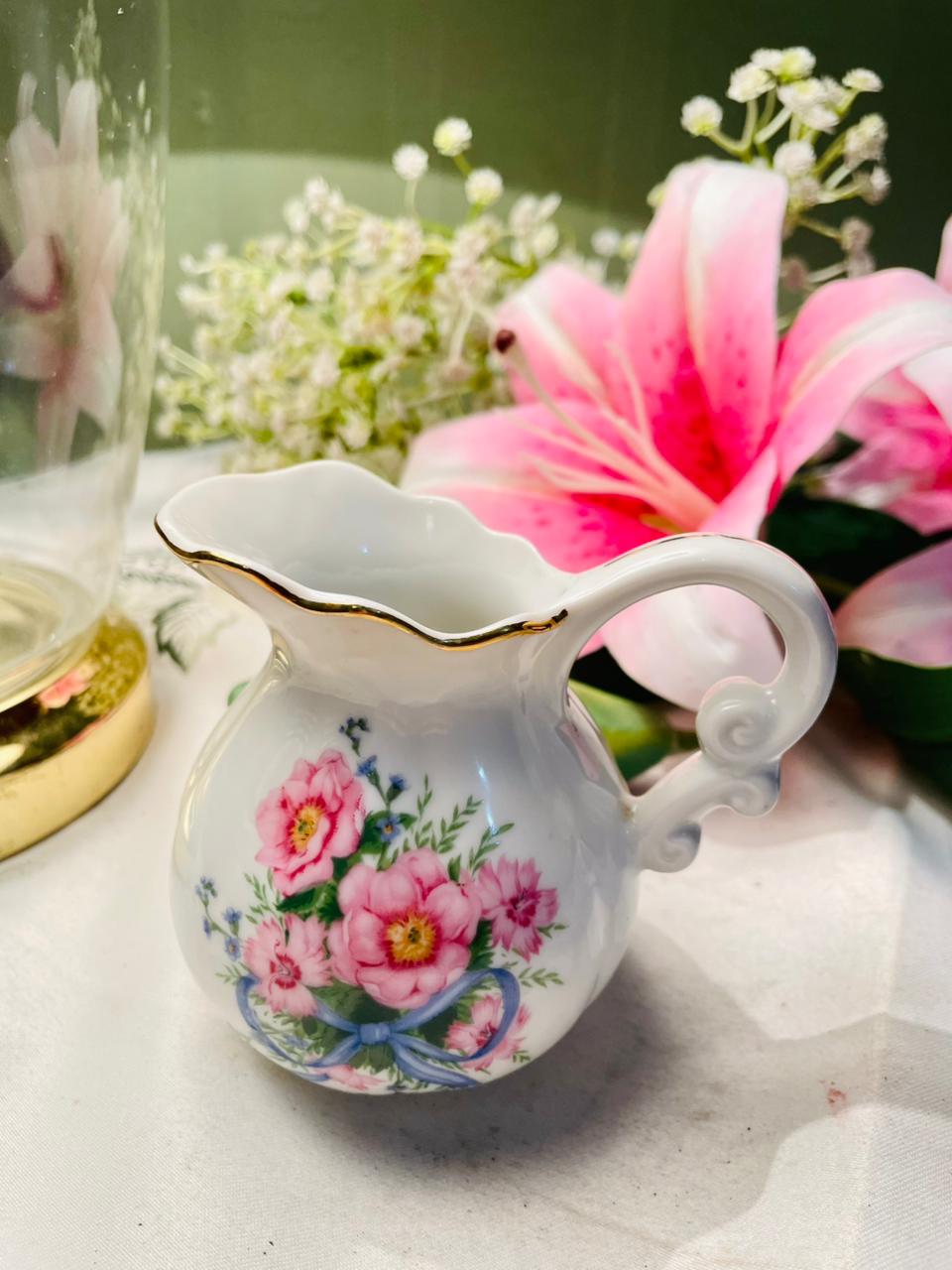 Vintage Pink Floral Mini Jug with Gold Trim 10cm