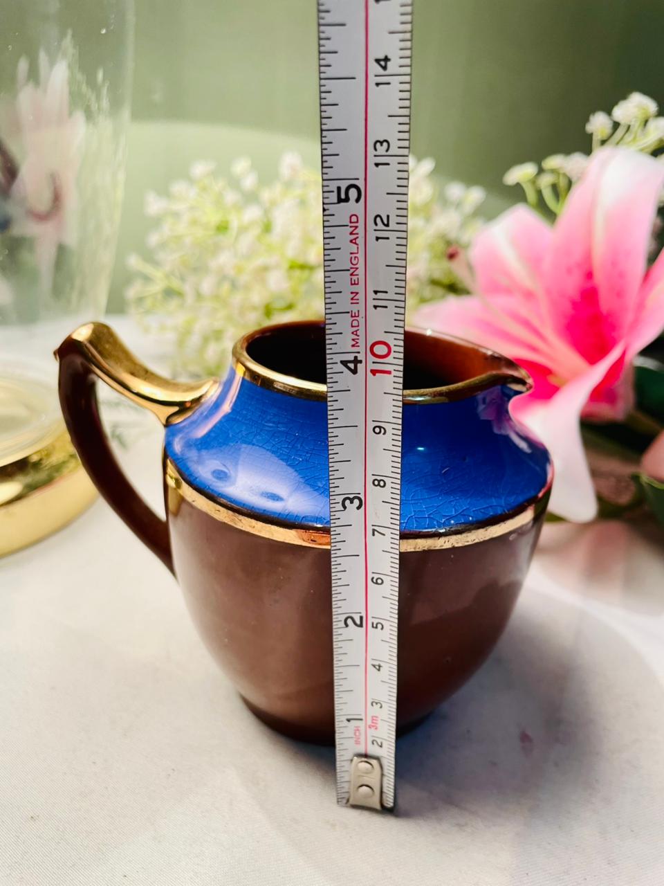Vintage 1950s Jug / Brown and Blue Glaze with Gilt Trim & 10cm