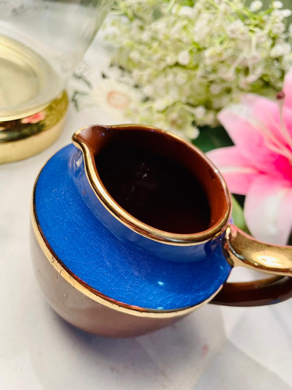 Vintage 1950s Jug / Brown and Blue Glaze with Gilt Trim & 10cm