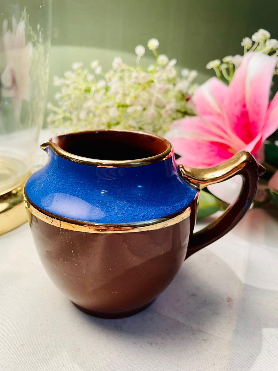 Vintage 1950s Jug / Brown and Blue Glaze with Gilt Trim & 10cm