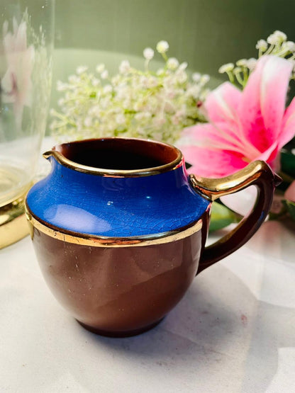 Vintage 1950s Jug / Brown and Blue Glaze with Gilt Trim & 10cm