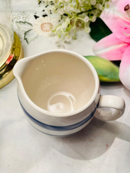 Vintage Hand painted Blue & White Striped Milk Jug Creamer 9cm