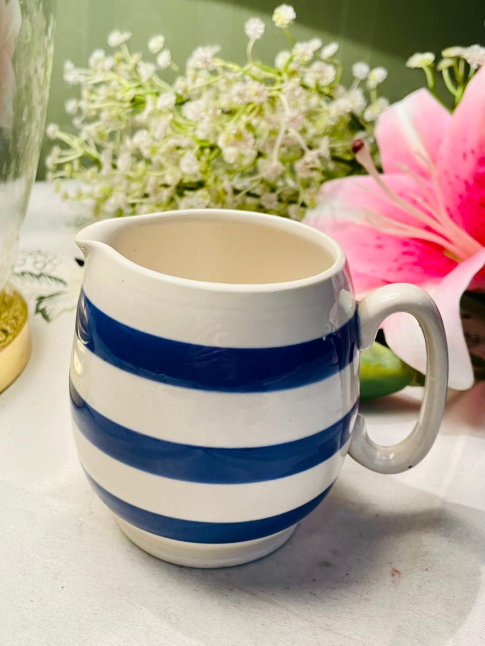 Vintage Hand painted Blue & White Striped Milk Jug Creamer 9cm