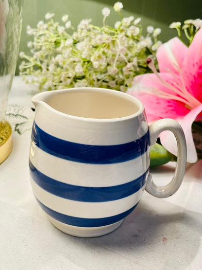 Vintage Hand painted Blue & White Striped Milk Jug Creamer 9cm
