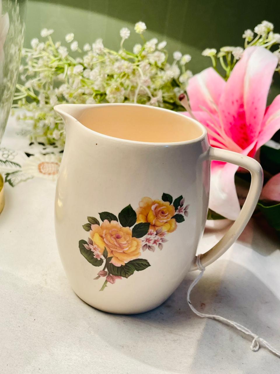 Vintage New Devon Pottery Yellow Rose Floral Jug Creamer 11cm