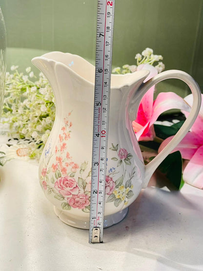 Vintage Original Formula – Handcast in Staffordshire, England Pink Floral Jug with Curved Handle 15cm