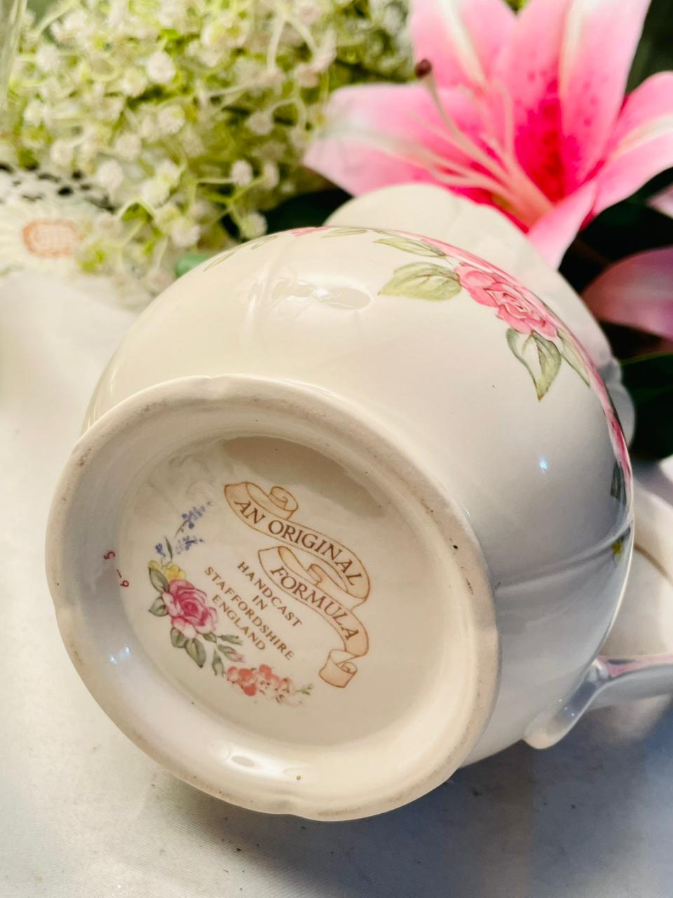 Vintage Original Formula – Handcast in Staffordshire, England Pink Floral Jug with Curved Handle 15cm