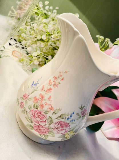 Vintage Original Formula – Handcast in Staffordshire, England Pink Floral Jug with Curved Handle 15cm