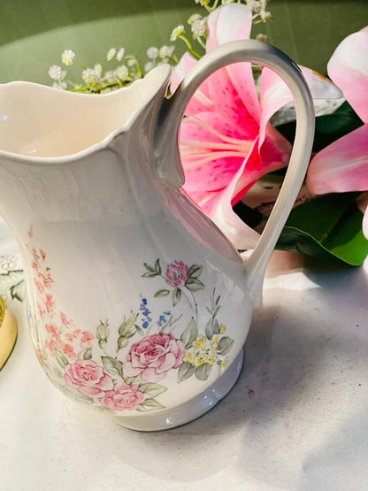 Vintage Original Formula – Handcast in Staffordshire, England Pink Floral Jug with Curved Handle 15cm