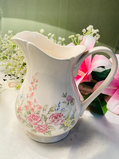 Vintage Original Formula – Handcast in Staffordshire, England Pink Floral Jug with Curved Handle 15cm