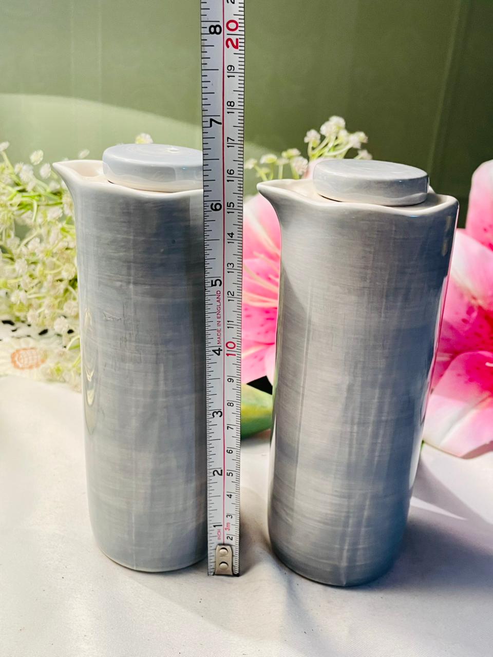 Vintage Lene Bjerre Grey Lidded Oil & Vinegar Ceramic Bottle Pair 2-Piece Set 16cm