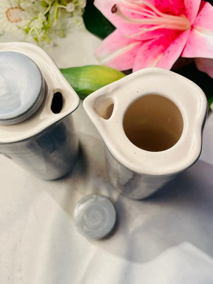 Vintage Lene Bjerre Grey Lidded Oil & Vinegar Ceramic Bottle Pair 2-Piece Set 16cm