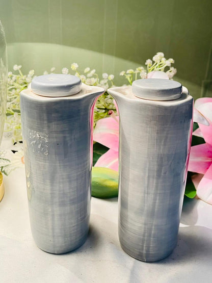 Vintage Lene Bjerre Grey Lidded Oil & Vinegar Ceramic Bottle Pair 2-Piece Set 16cm