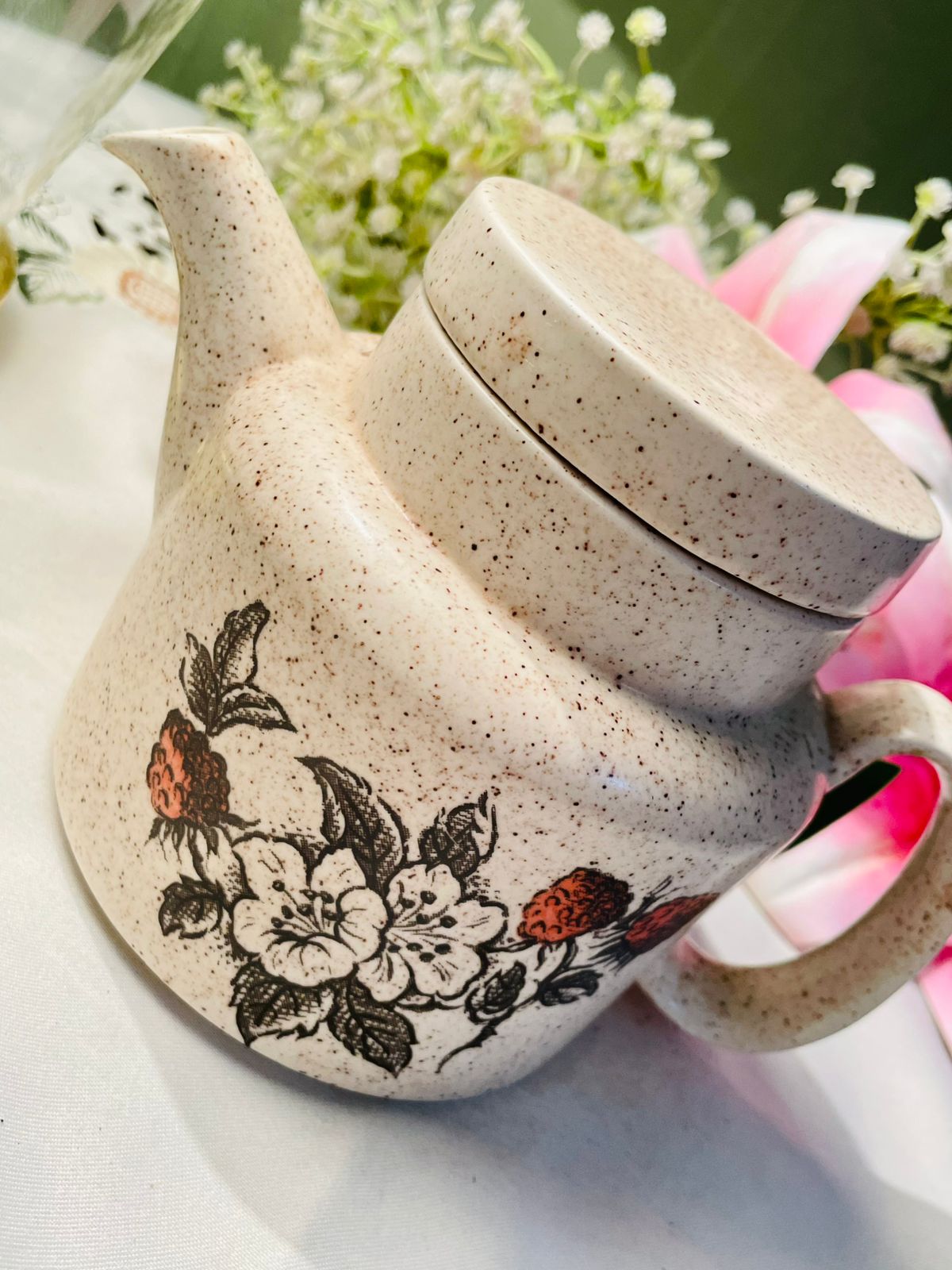 Vintage Barratts of Staffordshire England Speckled Floral Teapot Cream & Rust 12cm