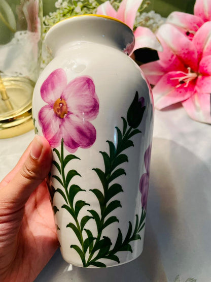 Hand painted White Floral Vase with Purple Flowers & Gold Rim Approx. 18 cm