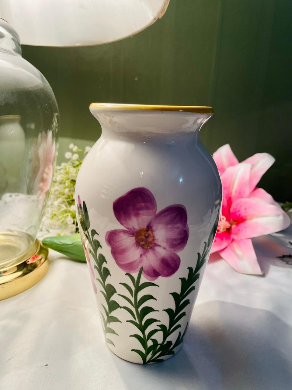 Hand painted White Floral Vase with Purple Flowers & Gold Rim Approx. 18 cm
