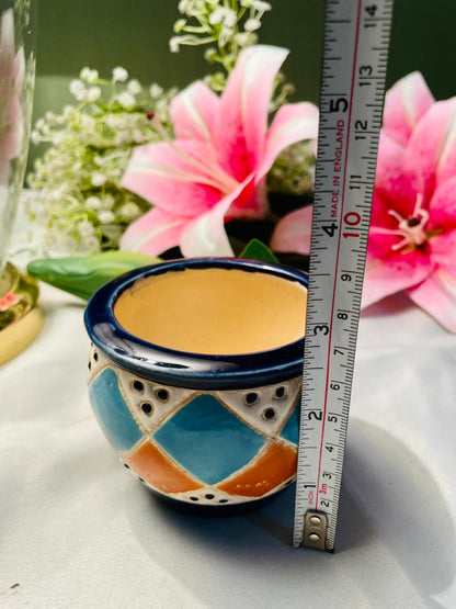 Hand Painted Blue Orange Ceramic Decorative Pot Approx. 8 cm
