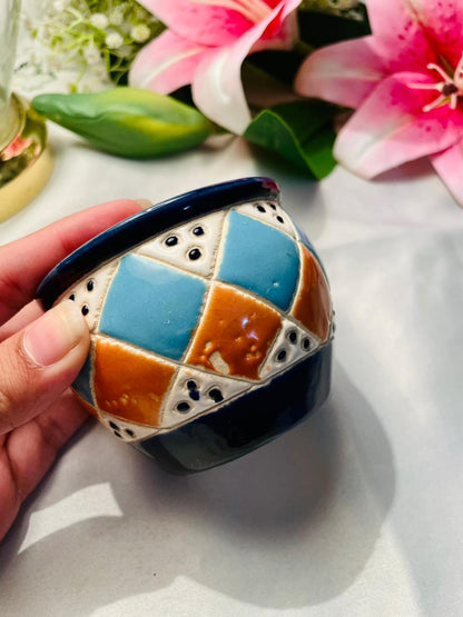 Hand Painted Blue Orange Ceramic Decorative Pot Approx. 8 cm