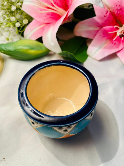 Hand Painted Blue Orange Ceramic Decorative Pot Approx. 8 cm