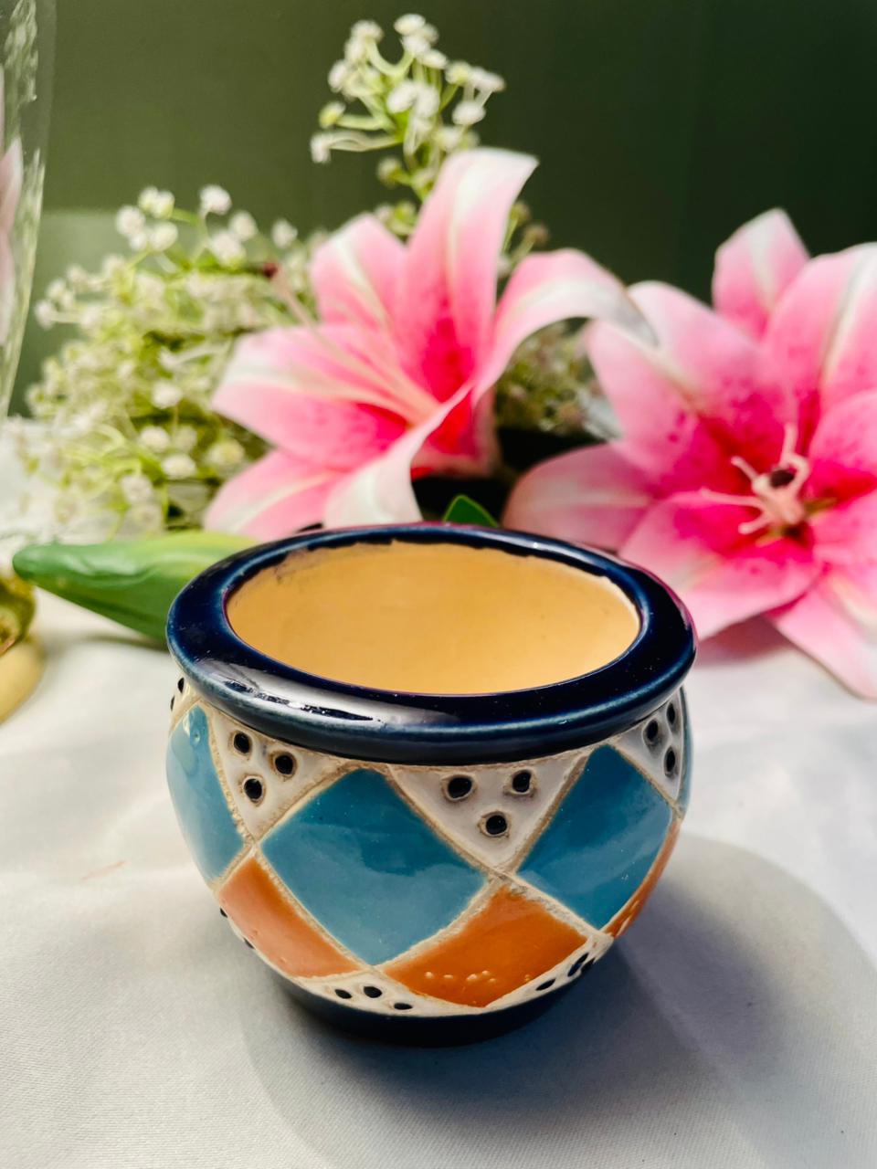 Hand Painted Blue Orange Ceramic Decorative Pot Approx. 8 cm