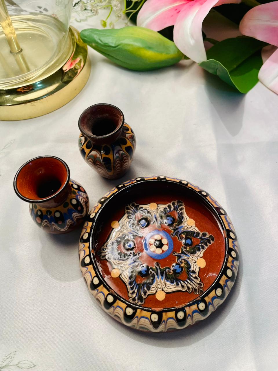 Hand Painted 3-Piece Multicolour Ceramic Mini Vase & Bowl Set