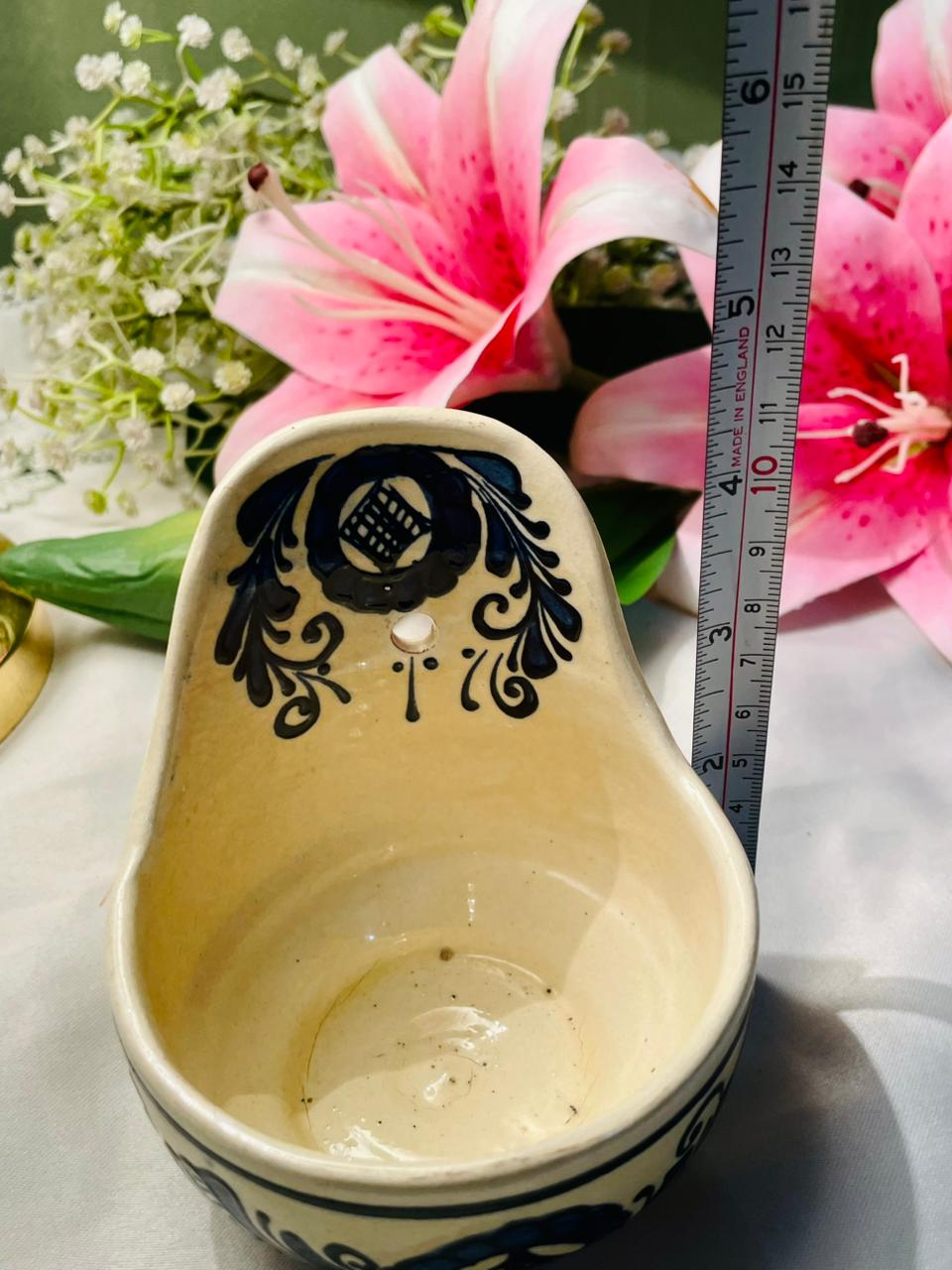 Hand Painted Blue & Cream Ceramic Wall Pocket Planter Approx. 10 cm
