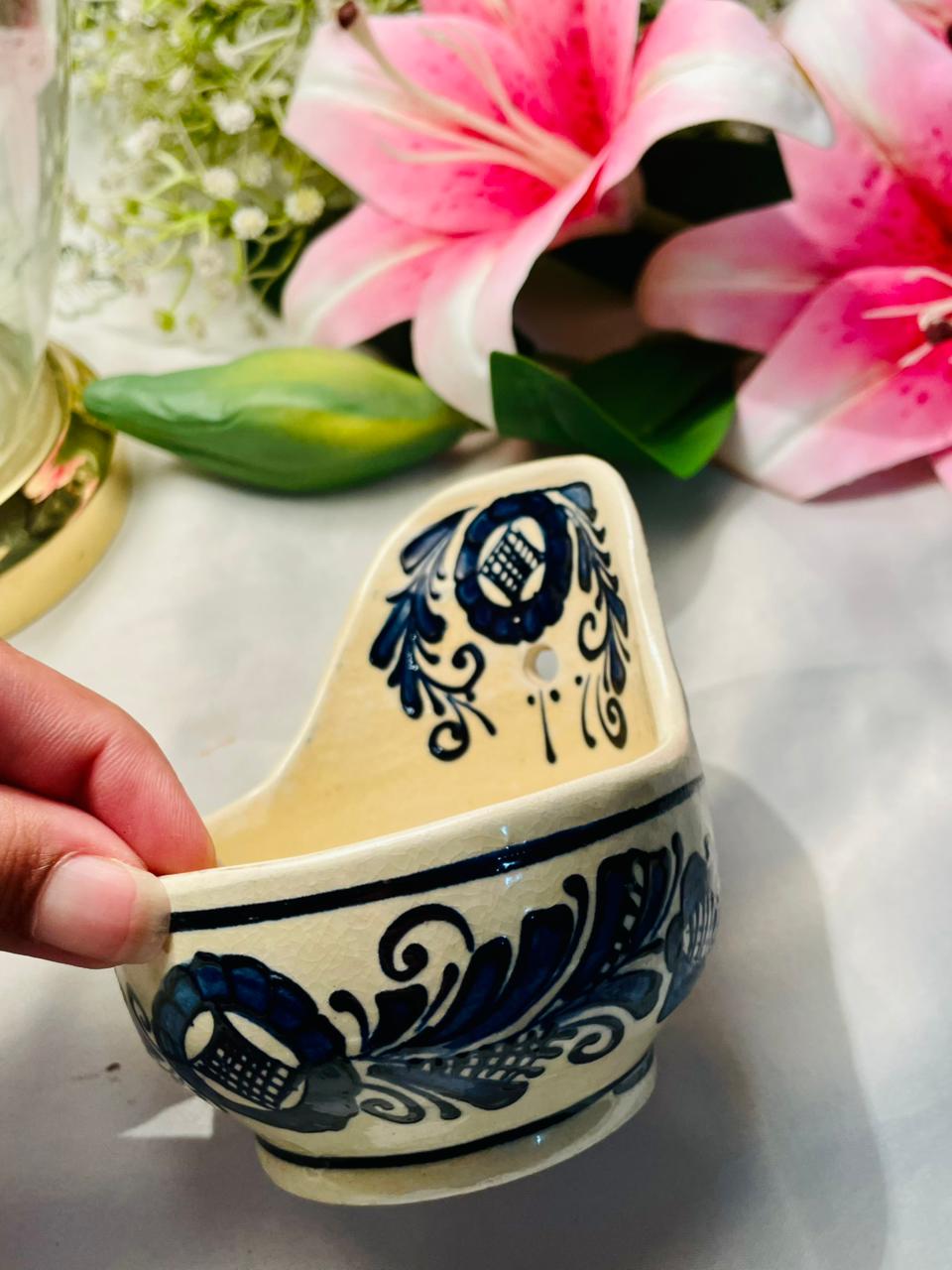 Hand Painted Blue & Cream Ceramic Wall Pocket Planter Approx. 10 cm