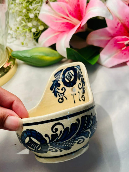 Hand Painted Blue & Cream Ceramic Wall Pocket Planter Approx. 10 cm