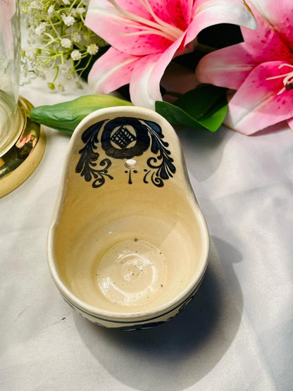 Hand Painted Blue & Cream Ceramic Wall Pocket Planter Approx. 10 cm