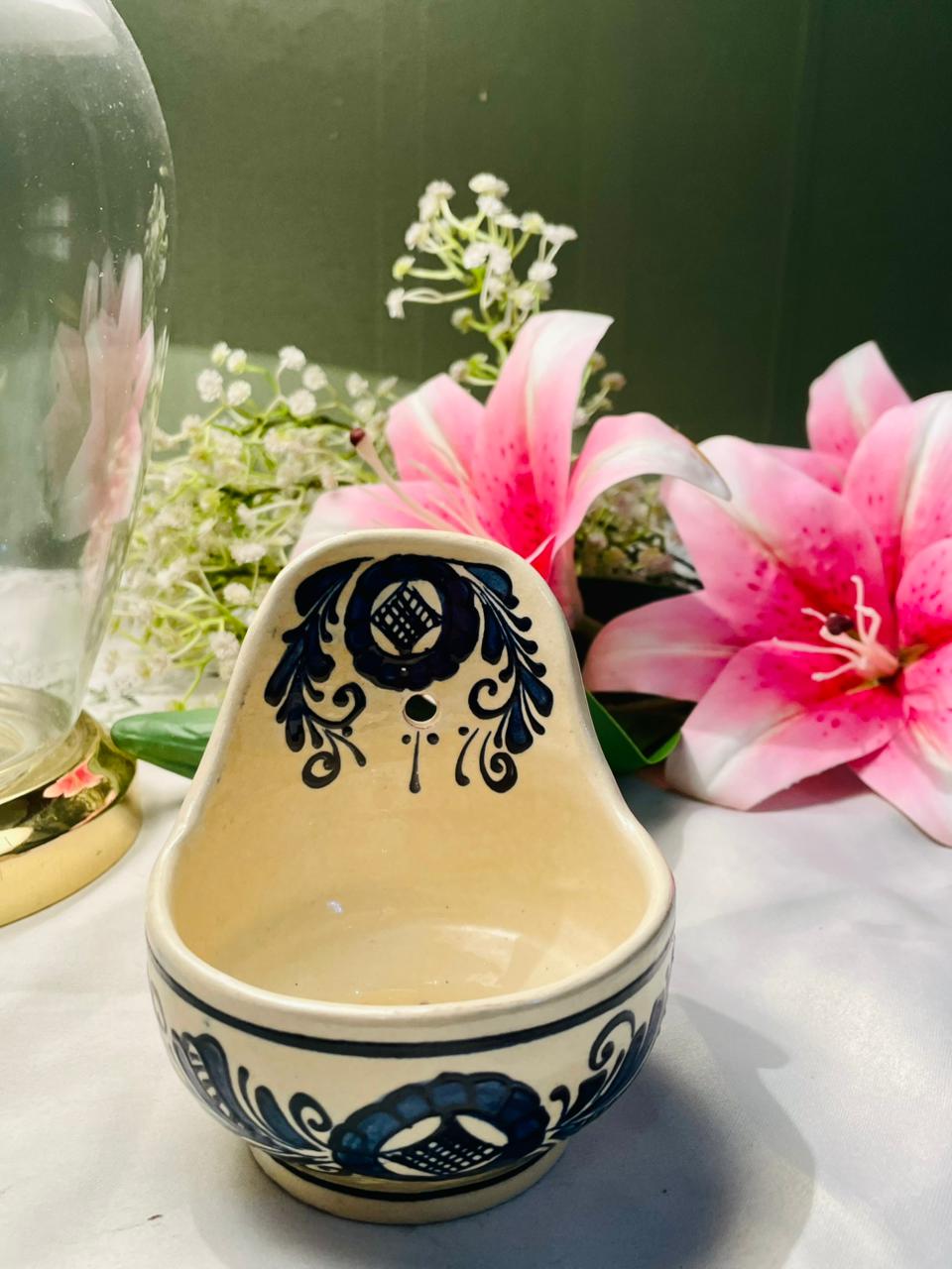 Hand Painted Blue & Cream Ceramic Wall Pocket Planter Approx. 10 cm