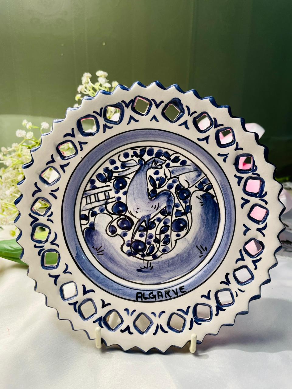 Hand Painted Blue & White Bird Ceramic Cutwork Wall Plate Approx. 17 cm