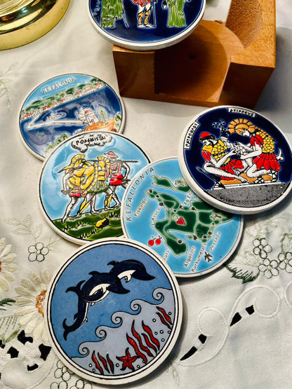 Hand Painted 6-Piece Kefalonia Ceramic Coaster Set with Wooden Holder