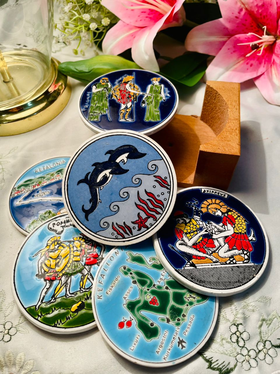 Hand Painted 6-Piece Kefalonia Ceramic Coaster Set with Wooden Holder
